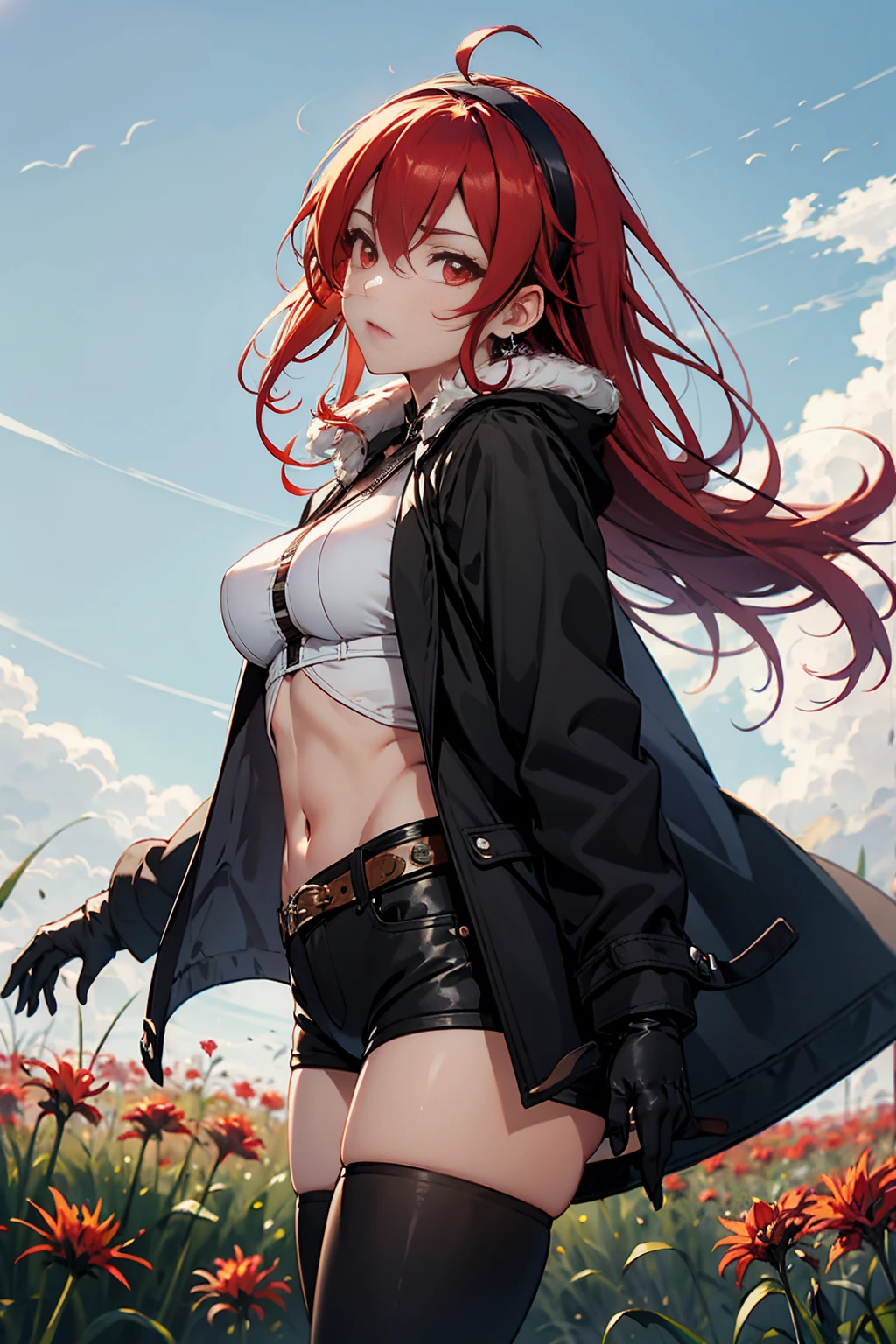 (masterpiece), best quality, expressive eyes, perfect face, looking at viewer, solo, (cowboy shot), mature female, red hair, long hair, ahoge, hairband, crossed bangs, hair between eyes, black hairband, sidelocks, red eyes, fur-trimmed jacket, (((black jacket))), open jacket, coat, crop top, large breasts, , (black thighhighs,) gloves, navel, black shorts, short shorts, belt, (field), lycoris radiata, red spider lily field, sky