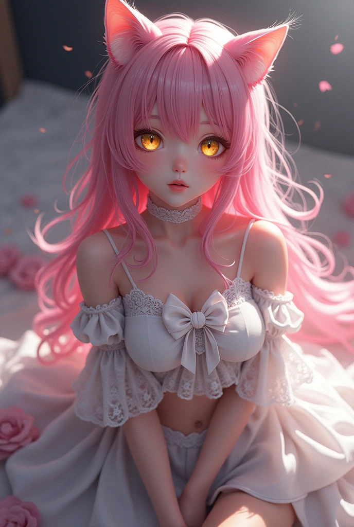 (best quality, masterpiece:1.2), expressive eyes, flawless face, (Madoka's hairstyle), closed mouth, subtle smile, bust, intense, pink hair, magical girl, determined expression, pink heiress, smile, (sexy lingerie), (sleeping on the bed), 15-year-old nipples, plump lips