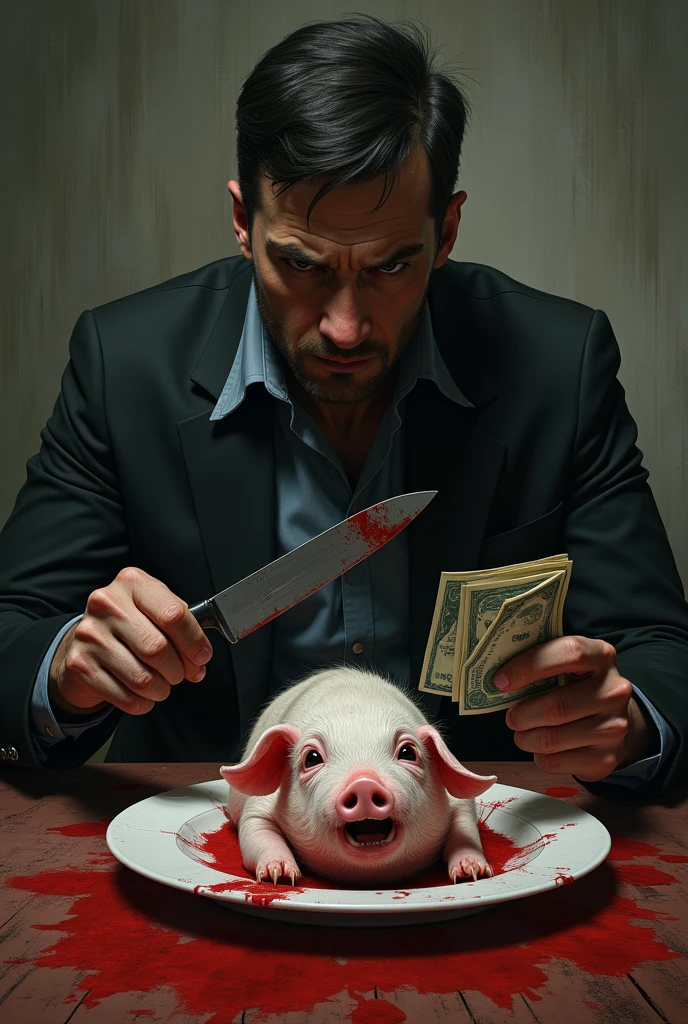 Black fat pig in formal suit lying on the floor and man in formal suit, hitting him 