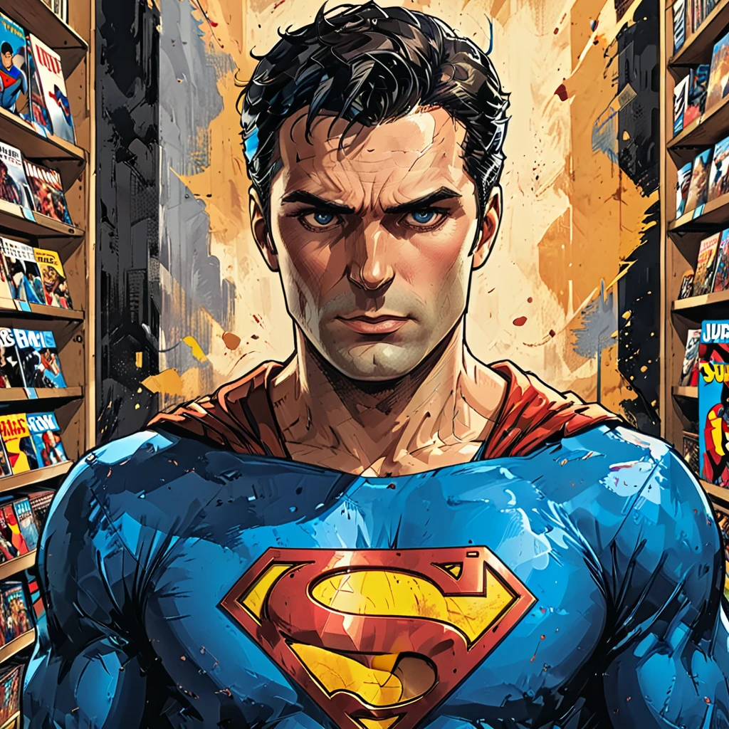 comic book cover close up,macro close-up comic book cover with the image of superman in a comic book store on a shelf, graphic style of novel comics, 2d, 8k, hyperrealism, masterpiece, high resolution, best quality, ultra-detailed, super realistic, Hyperrealistic art, high-quality, ultra high res, highest detailed, lot of details, Extremely high-resolution details, incredibly lifelike, colourful, soft cinematic light,