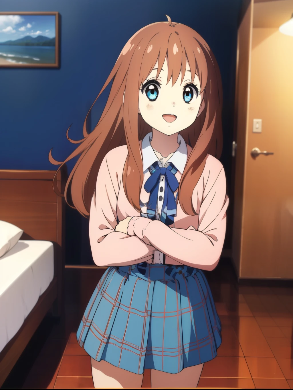 Ai shindou, 1girl, solo, long hair, floating hair, blue skirt, brown hair,  long sleeves, blue sea eyes, plaid, open mouth, smile, plaid skirt, ribbon, cowboy Shot,
home in the room,
masterpiece, high quality, very_high_resolution, large_filesize, full color,