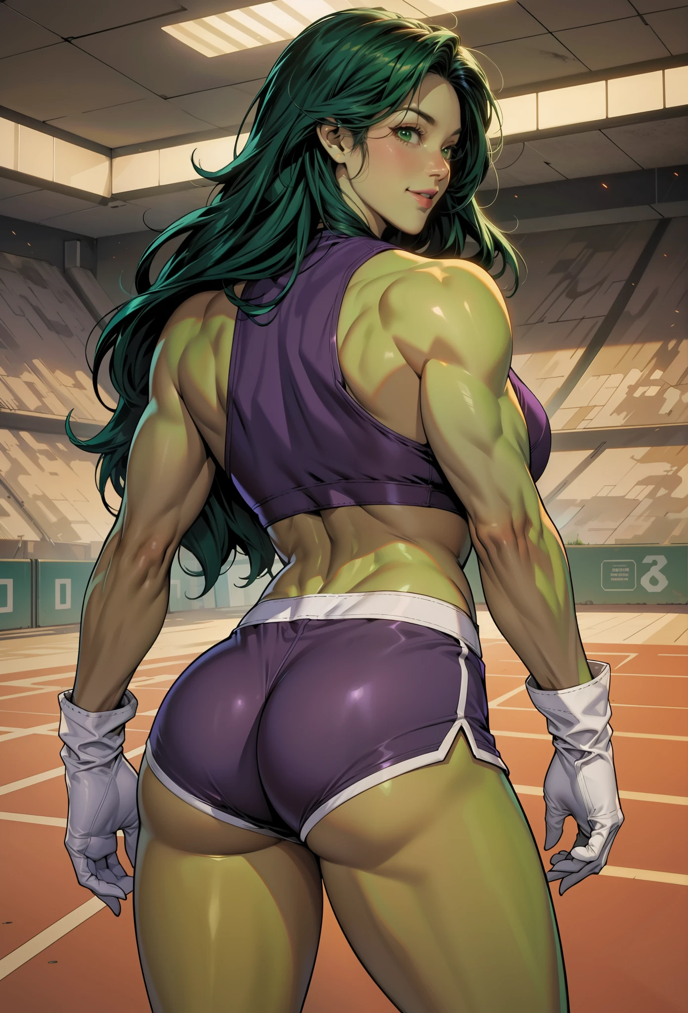 perfect eyes:1.2, detailed eyes:1.4, she hulk(marvel), smile, green skin, long hair, green hair, green eyes, muscular female, purple crop top, white gloves, purple shorts, cowboy shot, 1girl, solo, (masterpiece:1.6, best quality), 8k, insane details, intricate details, hyperdetailed, hyper quality, high detail, ultra detailed, professional, HDR, ray tracing reflection, cinematic lighting,