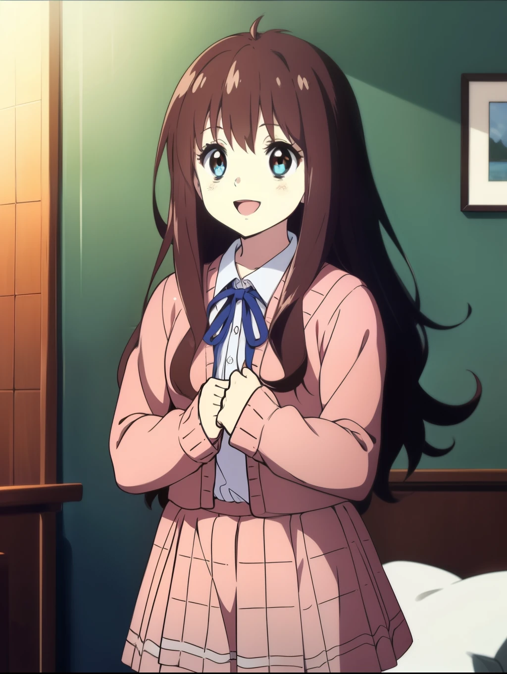 Ai shindou, 1girl, solo, long hair, floating hair, blue uniform,  school uniform, brown hair,  long sleeves, blue sea eyes, plaid, open mouth, smile, plaid skirt, ribbon, cowboy Shot,
home in the room,
masterpiece, high quality, very_high_resolution, large_filesize, full color,