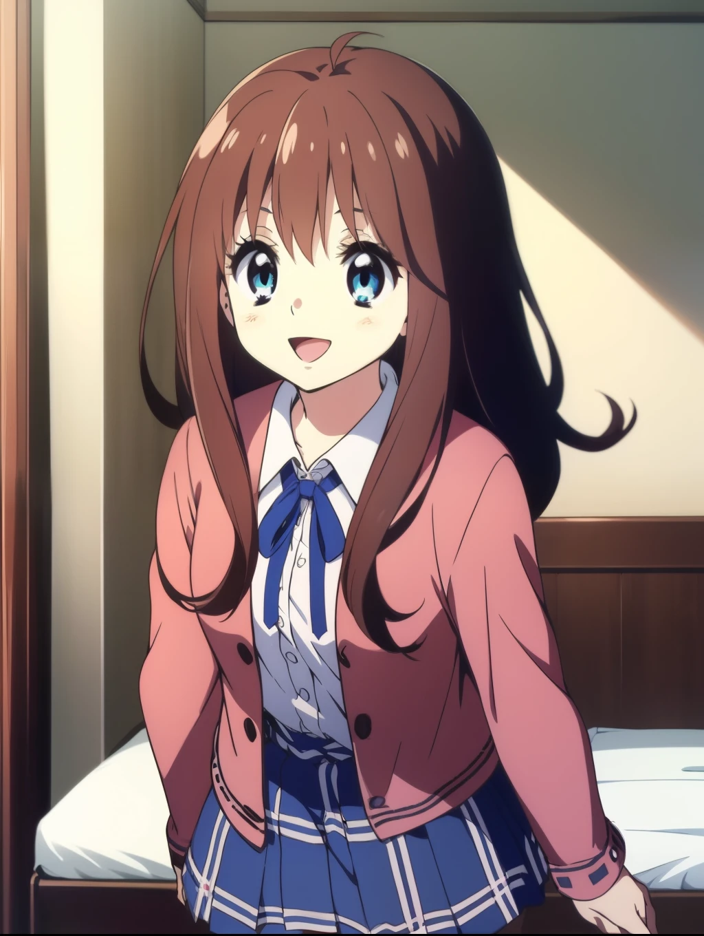 Ai shindou, 1girl, solo, long hair, floating hair, blue uniform,  school uniform, brown hair,  long sleeves, blue sea eyes, plaid, open mouth, smile, plaid skirt, ribbon, cowboy Shot,
home in the room,
masterpiece, high quality, very_high_resolution, large_filesize, full color,