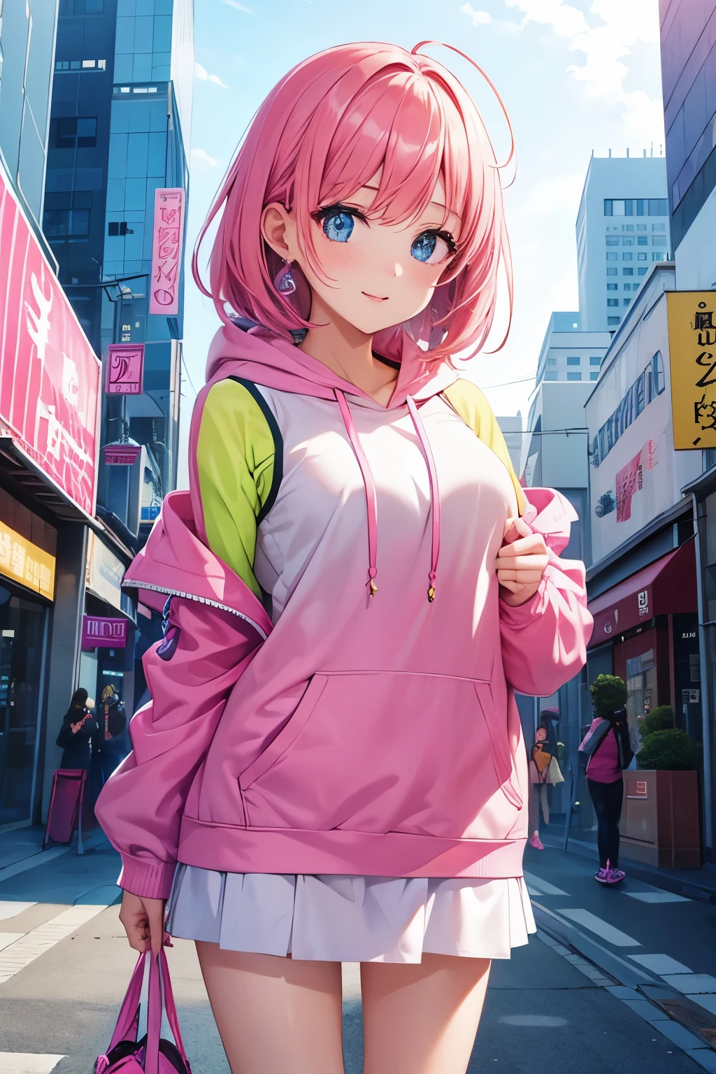 ((best quality)), ((masterpiece)), (detailed), perfect face, girl with very tanned skin, long pink hair, is standing in Chinatown in the middle of the crowd. The image depicts Chinatown in details of its unique architecture and atmosphere. The crowd around is blurred so the girl is highlighted. Sharp shades and vivid bright. thick outlines. the textures should be differentiated and very notable. the fabric of her clothing should be in realistic texture. High resolution and extremely detailed.