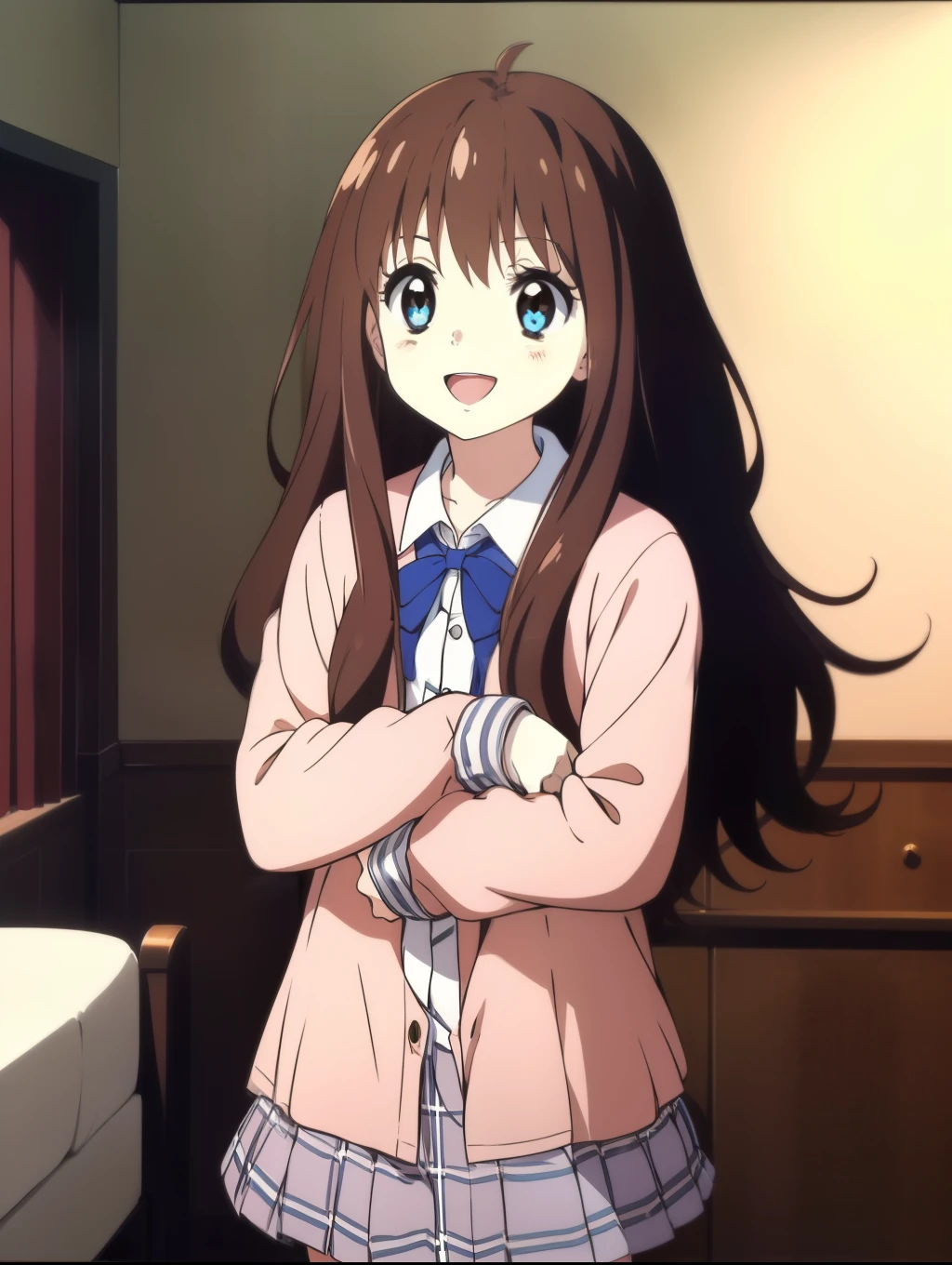 Ai shindou, 1girl, solo, long hair, floating hair, blue uniform,  school uniform, brown hair,  long sleeves, blue sea eyes, plaid, open mouth, smile, plaid skirt, ribbon, cowboy Shot,
home in the room,
masterpiece, high quality, very_high_resolution, large_filesize, full color,