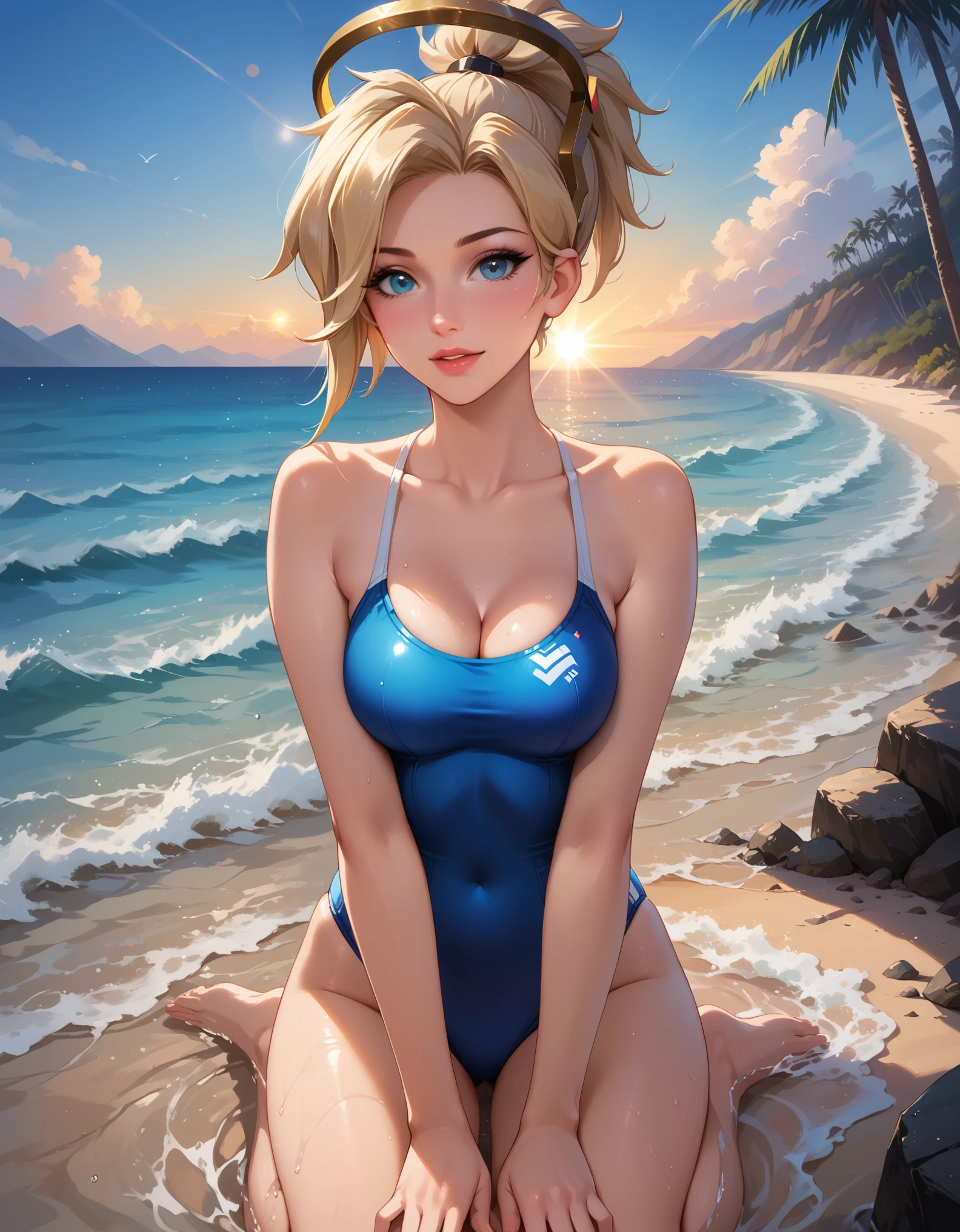 score_9, score_8_up, score_7_up, score_6_up, cinematic film still, solo, 1girl, BREAK mrcy, short hair, high ponytail, halo, cute swimsuit, BREAK beach, kneeling in water, cleavage, POV, close-up, face focus, BREAK beautiful scene, sunrise, lens flare, BREAK highly detailed, detailed face, absurdres, 4k, masterpiece, best quality.