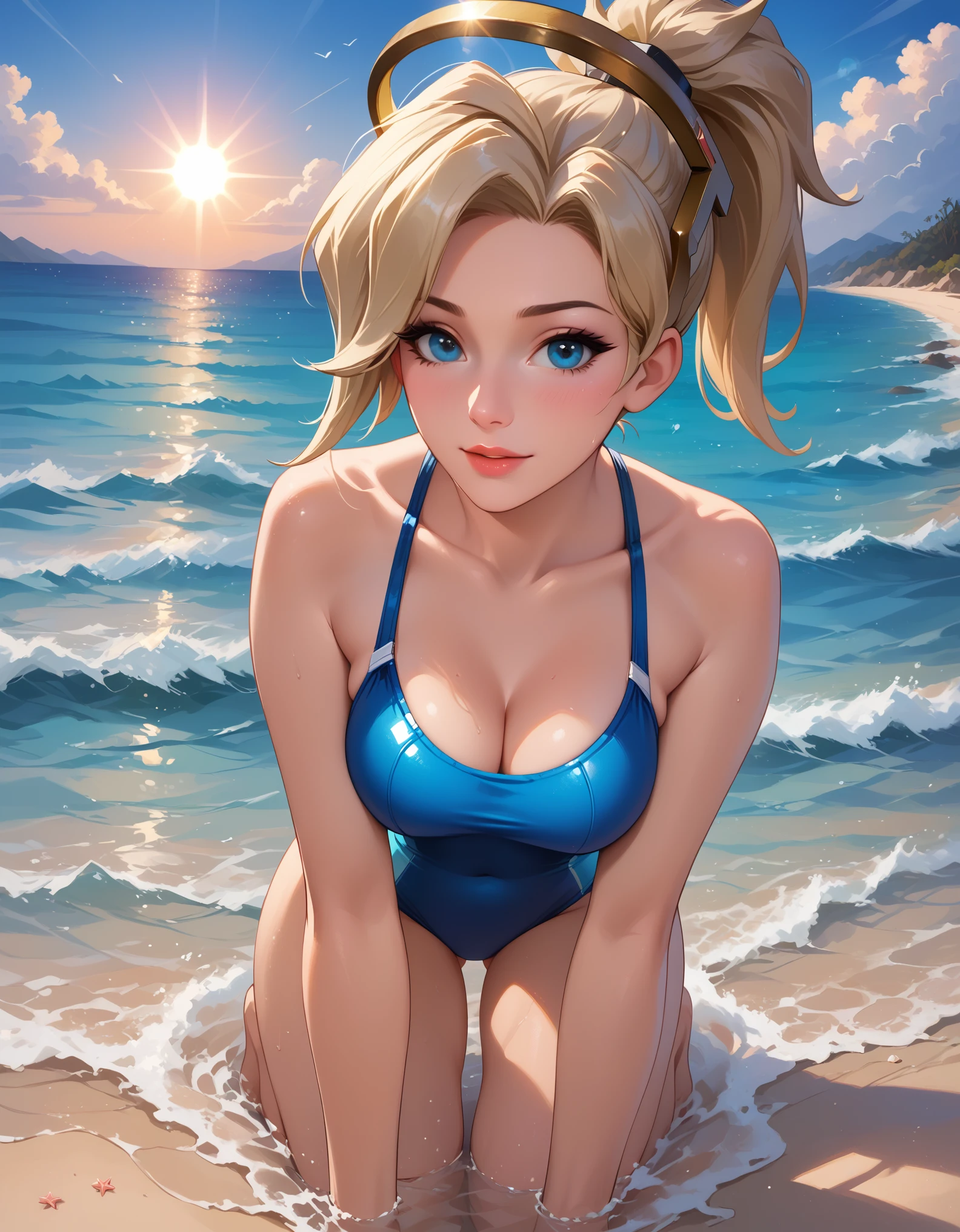 score_9, score_8_up, score_7_up, score_6_up, cinematic film still, solo, 1girl, BREAK mrcy, short hair, high ponytail, halo, cute swimsuit, BREAK beach, kneeling in water, cleavage, POV, close-up, face focus, BREAK beautiful scene, sunrise, lens flare, BREAK highly detailed, detailed face, absurdres, 4k, masterpiece, best quality.