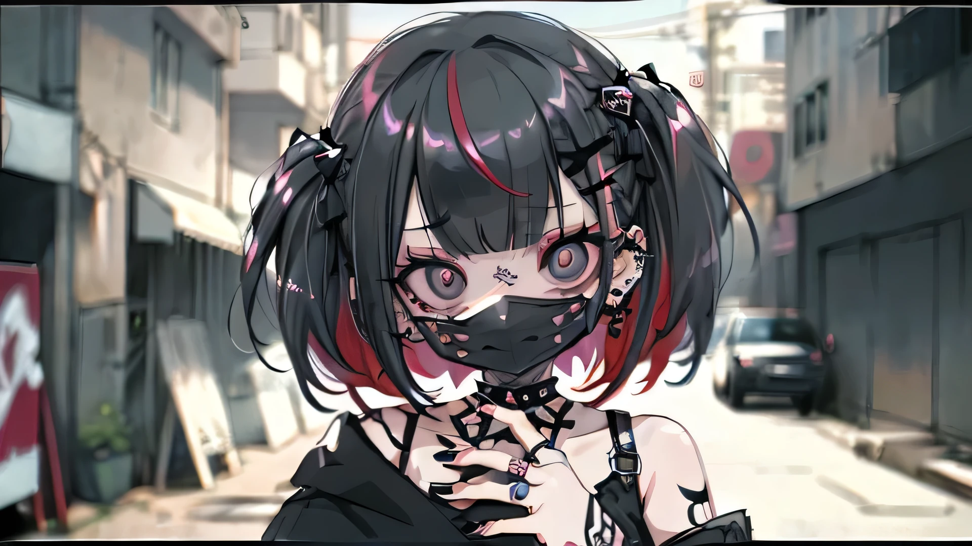 straight haired, Punk Girl, Without mohawk sleeves, The tattoo, head phone, 🎧, goth_punk, 1girl in, solo, medium shot, Walking in Harajuku, ((during night)), bokeh dof, Neon light, Iridescent eyes, gray eyes, red glowing hair, Black eyebrows, Radiant hair, (iridescent red hair), lots of earrings, labret, facial piercings, bangs, jewelry, masks, blunt bangs, Mouth mask, corset piercings, blurry background, blurry, hair adornments, Look at viewers, short hair, portraitures, side look, goth, (masterpiece), (Portrait), (Aesthetic), (Beautiful), (upper body), (High quality), (aesthetic clothings), (professional angle), (thirds rule), (Feminine), (Woman), (Female), (Beautiful), (Feminine features), (25-years old), Solo, 1 woman, (Charming punk girl), Dramatic light, ((Playing guitar)), (Standing), Edgy makeup, (huge breasts), (Front face), (Defiant expression), ((defiance)), (Leather jackets and tattoos), ((Short hair)), (dyed (E.G. and pinks) hair), (spiky hair), (Thick hair), matte Shine Hair, (Hair bands scattered in the hair), (gray eyes), (Bold and bold look), (pale skin), (Dark clothes), (Band T-shirt), (Ripped jeans), (-), crew neckline), ((Urban alley background)), (up close shot), Beautiful hands, Two hands, normal hands, Two arms, complete hands, Beautiful body, Beautiful fingers, normal fingers, Five Fingers, Five Fingers, (Thumb index finger ring finger), Beautiful ears, normal ears, Beautiful eyes, shiny eyes, Beautiful mouth, Beautiful lips,