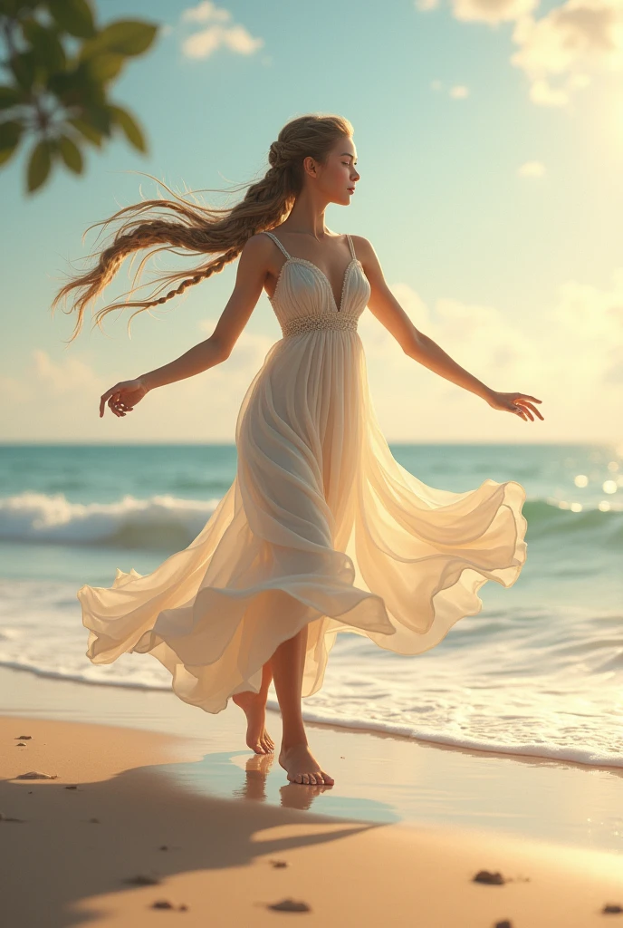 Young girl, body make from glass, sunlight passes through the body, walking on the beach