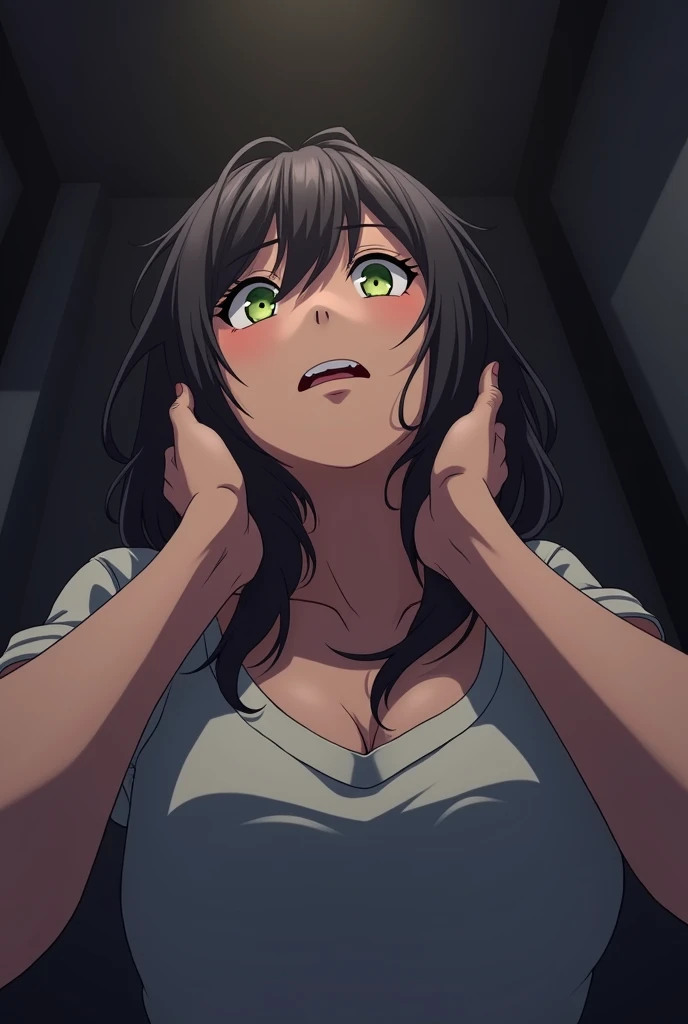 face focus view of a blissful girl driven insane by pleasure, looking at the viewer, hard fucked silly by a man