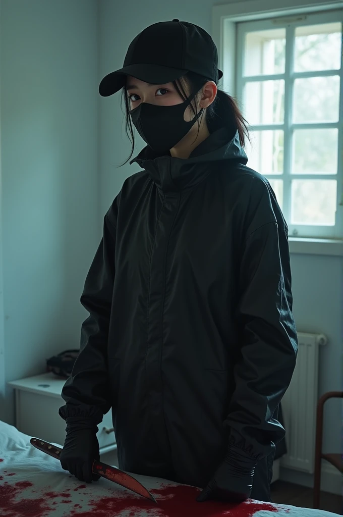 korean girl, (behind stiff, holding knife), stabbing, black surgical mask, black gloves, white room, black raincoat, looking at viewer, black wet suit, trucker hat, holding knife, black gloves, woman on top, behind cadaver, blood splatter, on the bed, looking at viewer, mass murderer, killer, low ponytail, blood splatter, atmospheric realistic, light from the window,