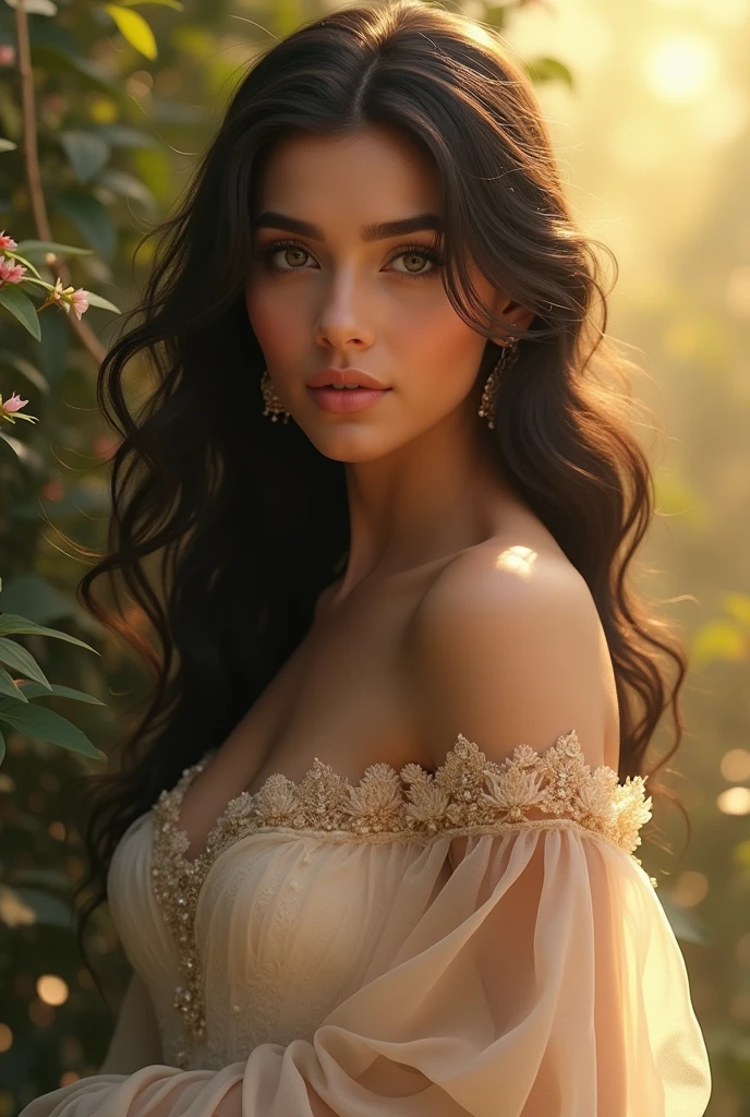 Realistic Photos, lip gloss, drawing, Realistic, Best Quality, Super High Resolution, depth, Pastel color, Natural Shading, focus on face, Face only, looking at the scenes, long hair, Hair Accessory, Black hair, Brown and well-detailed eyes, فستان porn