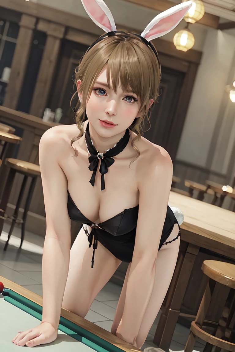 Monica, (Representative works:1.3)、(8k、Realistic、RAW Photos、Best image quality:1.4)、Small face、Beautiful Face、(Realistic Face)、Bunny Girl Costume、Natural Makeup、light makeup、Beautiful hairstyle、Realistic eyes、Beautiful attention to detail、 (Realisticな肌)、Beautiful Skin、bar、Stand next to a billiard table、Tavern、(Sexy pose)、Raise your arms、Show your side、Depicts the entire body、Full body portrait、looking at the camera、shy、Beautiful depiction of fingertips、Beautiful depiction of the toes