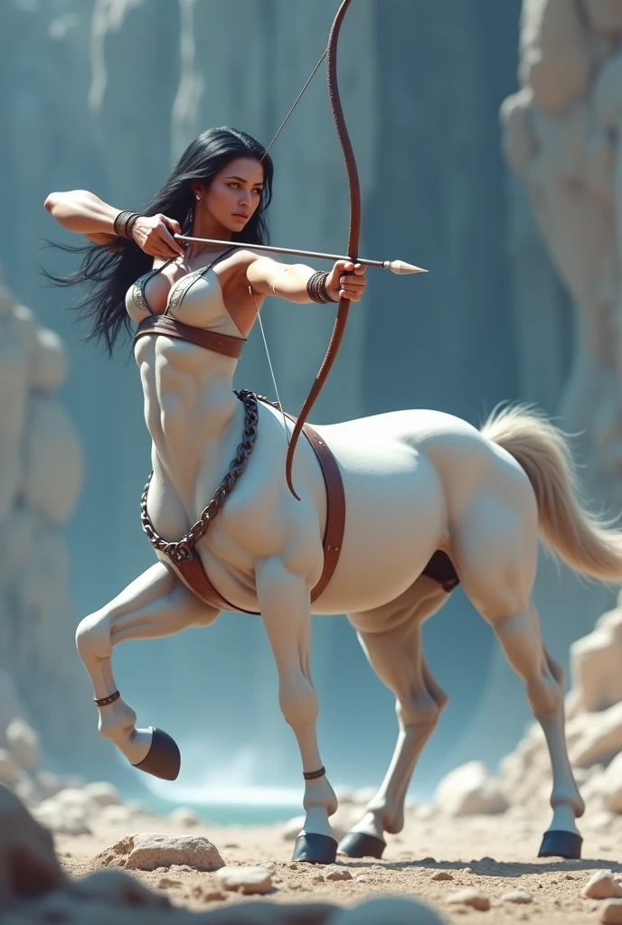 ((masterpiece, Highest quality, Best image quality, High resolution, Realistic, RAW Photos, 8k)), ((Highly detailed CG synthesis 8k wallpaper)), (Huge and stunning goddess shot, Very hot and sexy, Incredible beauty, Perfect Proportions, Beautiful body, Slim body beauty:1.4), Centaurs woman, Dark skin, dark fur, long black hair tied back, tits,, Jumping and preparing the bow,