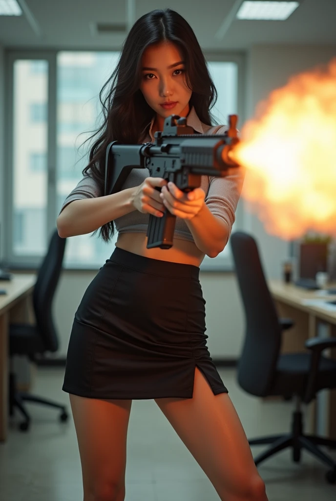 beautiful chinese office lady mini skirt realistic machine gun toting firing real person legs apart standing rampage