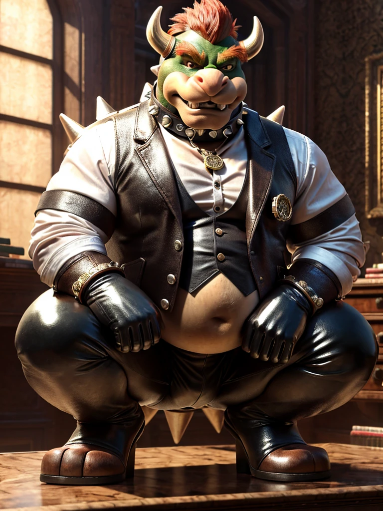 Bowser, leather collar, white rubber gloves on hands and feet, white spats on feet, fat, bulging belly, large belly, steampunk, (high quality,4k,8k,highres,masterpiece:1.2),ultra-detailed,(realistic,photorealistic,photo-realistic:1.37), masterpiece,(intricate details), captivating artwork, artistically rendered, masterful strokes, attention to detail, tasteful composition, alluring charm, careful shading, great attention to anatomy, meticulous rendering, impeccable craftsmanship, vivid colors, perfect balance between realism and fantasy. Solo, Male, fat, squatting, extremely obese, gentleman, dapper Professor Bowser, bulging belly, large belly, blue eyes, (posing:1.3), (soft shading), 4k, hi res, ((detailed face, detailed)), looking at viewer, mouth wide open, office, office setting, collared shirt with buttons, top hat, male focus, Explorer Outfit, glasses, monocle, vest with buttons, sleeves rolled up, round eyewear, brown headwear, brown vest, Bowser is wearing a glossy leather dog collar around the neck, Bowser is wearing the leather collar and shirt and vest at the same time, Bowser is wearing glossy white rubber gloves on the hands, wearing white rubber gloves on the feet, gloves are rubber in texture, clenching teeth, clenching fists, leather collar is glossy and shiny with a lot of detail, Bowser is wearing gloves and leather collar at the same time, leather collar has a round dog-tag, leather collar is thick and detailed, steampunk attire.