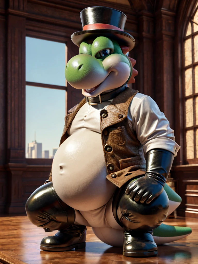 Yoshi, leather collar, white rubber gloves on hands and feet, white spats on feet, fat, bulging belly, large belly, steampunk, (high quality,4k,8k,highres,masterpiece:1.2),ultra-detailed,(realistic,photorealistic,photo-realistic:1.37), masterpiece,(intricate details), captivating artwork, artistically rendered, masterful strokes, attention to detail, tasteful composition, alluring charm, careful shading, great attention to anatomy, meticulous rendering, impeccable craftsmanship, vivid colors, perfect balance between realism and fantasy. Solo, Male, fat, squatting, extremely obese, gentleman, dapper Professor Yoshi, bulging belly, large belly, blue eyes, (posing:1.3), (soft shading), 4k, hi res, ((detailed face, detailed)), looking at viewer, mouth wide open, office, office setting, collared shirt with buttons, top hat, male focus, Explorer Outfit, glasses, monocle, vest with buttons, sleeves rolled up, round eyewear, brown headwear, brown vest, Yoshi is wearing a glossy leather dog collar around the neck, Yoshi is wearing the leather collar and shirt and vest at the same time, Yoshi is wearing glossy white rubber gloves on the hands, wearing white rubber gloves on the feet, gloves are rubber in texture, clenching teeth, clenching fists, leather collar is glossy and shiny with a lot of detail, Yoshi is wearing gloves and leather collar at the same time, leather collar has a round dog-tag, leather collar is thick and detailed, steampunk attire.