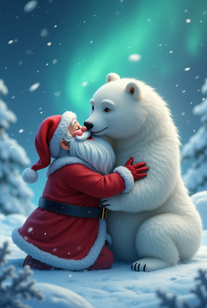 Santa Claus kissing a polar bear 