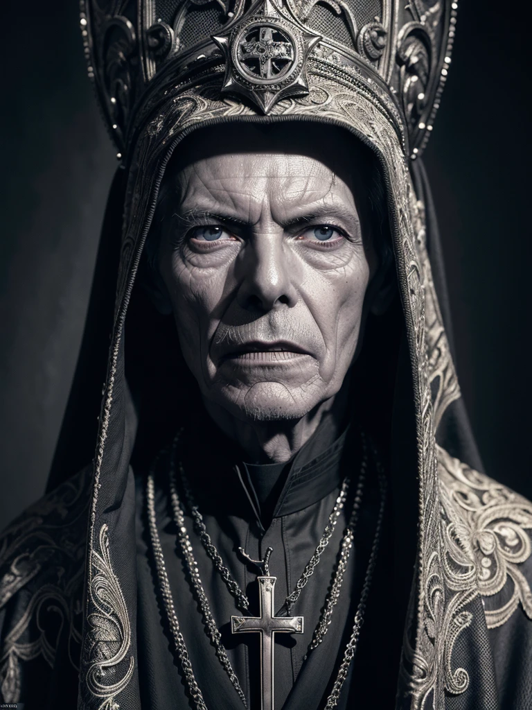 a very old and thin catholic priest, david bowie, detailed portrait, extremely detailed face and eyes, beautiful detailed wrinkles, ornate robes, intricate patterns, dramatic lighting, chiaroscuro, moody atmosphere, cinematic, dramatic shadows, high contrast, dark colors, muted tones, photorealistic, 8k, high resolution, masterpiece