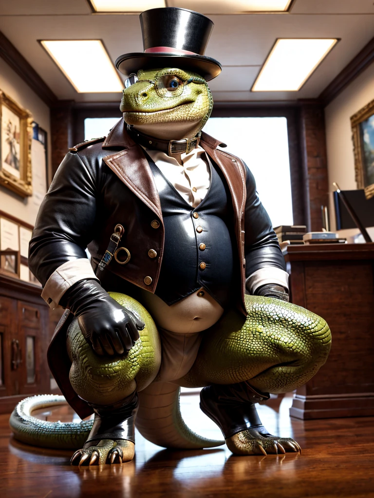 Lizard, leather collar, white rubber gloves on hands and feet, white spats on feet, fat, bulging belly, large belly, steampunk, (high quality,4k,8k,highres,masterpiece:1.2),ultra-detailed,(realistic,photorealistic,photo-realistic:1.37), masterpiece,(intricate details), captivating artwork, artistically rendered, masterful strokes, attention to detail, tasteful composition, alluring charm, careful shading, great attention to anatomy, meticulous rendering, impeccable craftsmanship, vivid colors, perfect balance between realism and fantasy. Solo, Male, fat, squatting, extremely obese, gentleman, dapper Professor Lizard, bulging belly, large belly, blue eyes, (posing:1.3), (soft shading), 4k, hi res, ((detailed face, detailed)), looking at viewer, mouth wide open, office, office setting, collared shirt with buttons, top hat, male focus, Explorer Outfit, glasses, monocle, vest with buttons, sleeves rolled up, round eyewear, brown headwear, brown vest, Lizard is wearing a glossy leather dog collar around the neck, Lizard is wearing the leather collar and shirt and vest at the same time, Lizard is wearing glossy white rubber gloves on the hands, wearing white rubber gloves on the feet, gloves are rubber in texture, clenching teeth, clenching fists, leather collar is glossy and shiny with a lot of detail, Lizard is wearing gloves and leather collar at the same time, leather collar has a round dog-tag, leather collar is thick and detailed, steampunk attire.