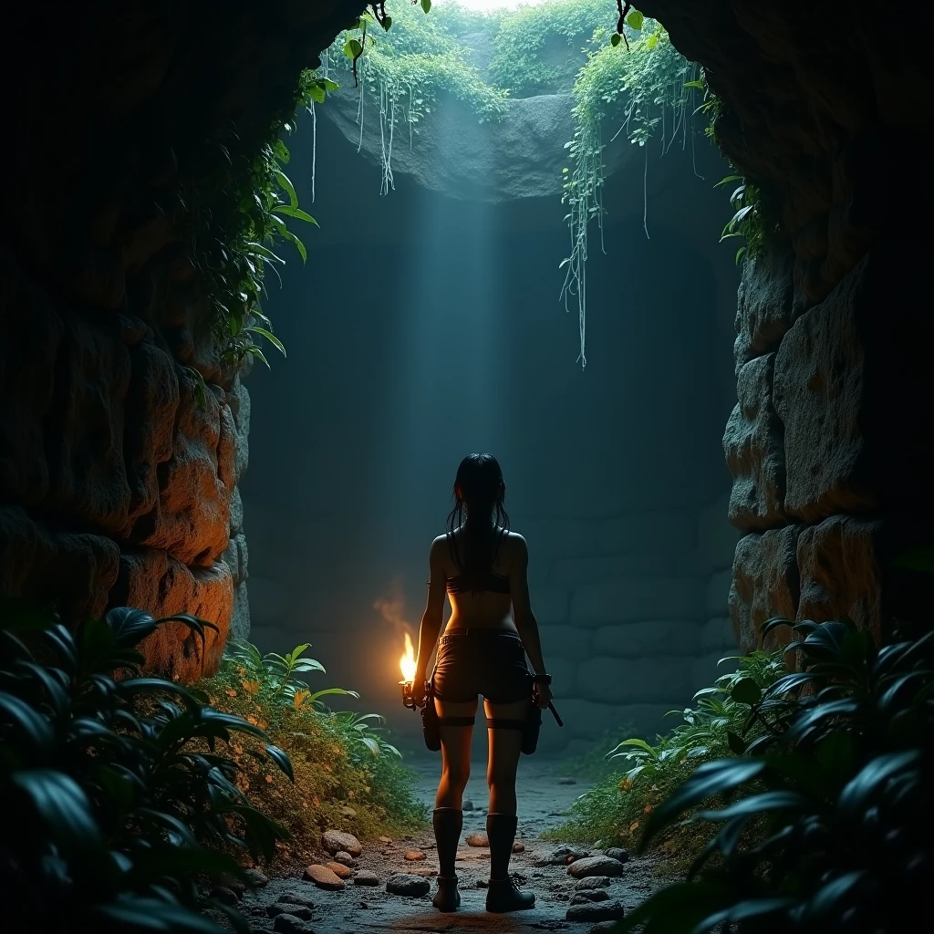 mysterious ancient relic, tomb raider explores, dynamic scene, actionpose, tightrope walking, danger zone, Deep forest