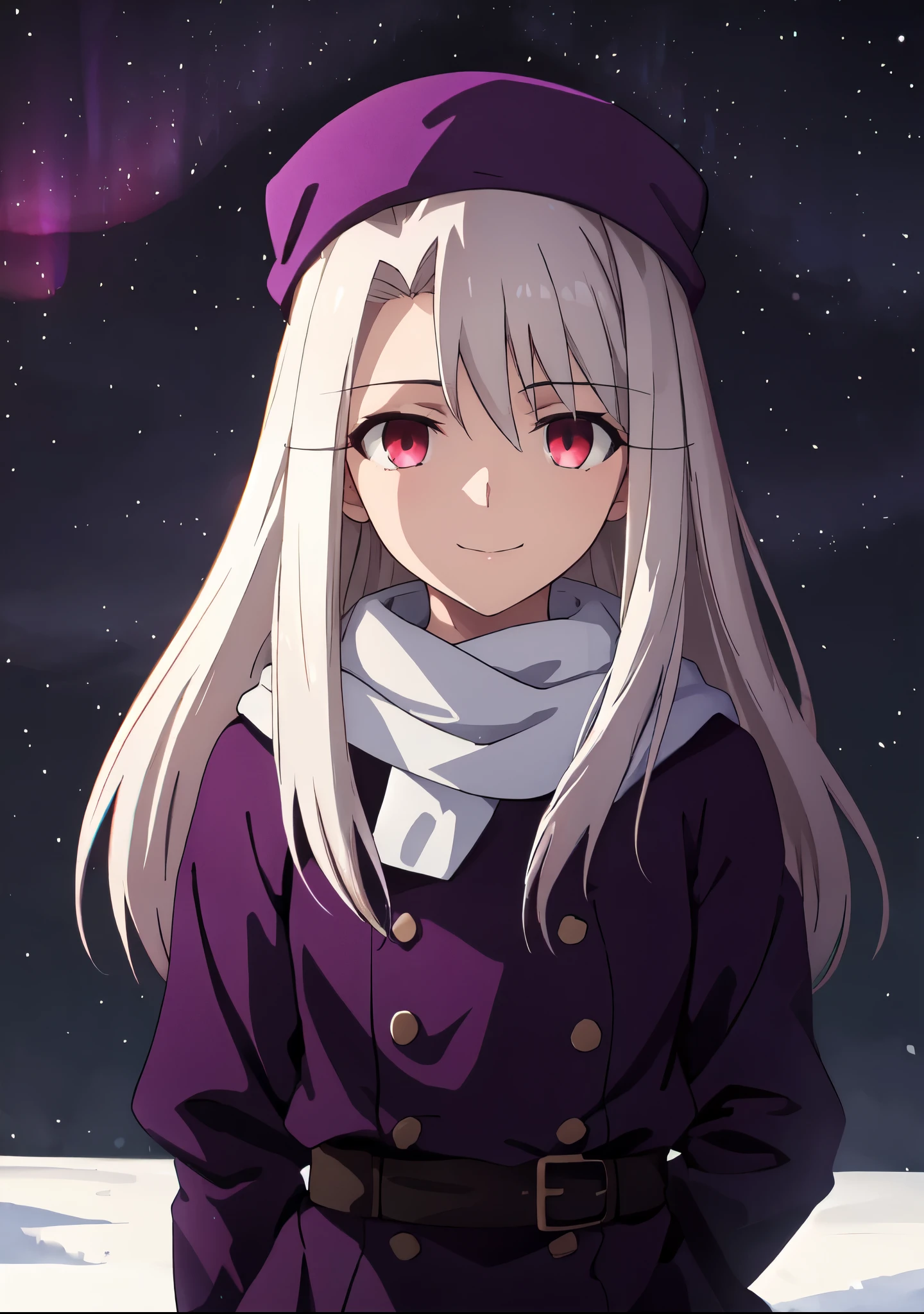 best quality, masterpiece, highres, solo, (illyasviel_von_einzbern_fatestaynightufotable:1.10), 1girl, papakha, night, dark sky, northern lights, aurora borealis, white scarf, purple headwear, purple coat, anime coloring, closed mouth, looking at viewer, smile, outdoors, upper body, anime_style, 3