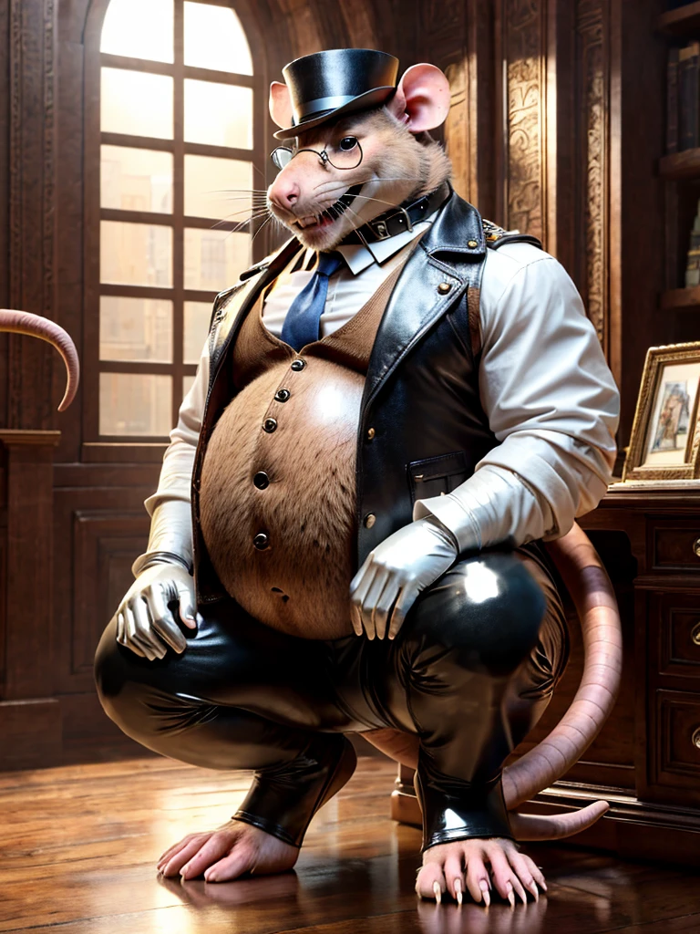 Rat, leather collar, white rubber gloves on hands and feet, white spats on feet, fat, bulging belly, large belly, steampunk, (high quality,4k,8k,highres,masterpiece:1.2),ultra-detailed,(realistic,photorealistic,photo-realistic:1.37), masterpiece,(intricate details), captivating artwork, artistically rendered, masterful strokes, attention to detail, tasteful composition, alluring charm, careful shading, great attention to anatomy, meticulous rendering, impeccable craftsmanship, vivid colors, perfect balance between realism and fantasy. Solo, Male, fat, squatting, extremely obese, gentleman, dapper Professor Rat, bulging belly, large belly, blue eyes, (posing:1.3), (soft shading), 4k, hi res, ((detailed face, detailed)), looking at viewer, mouth wide open, office, office setting, collared shirt with buttons, top hat, male focus, Explorer Outfit, glasses, monocle, vest with buttons, sleeves rolled up, round eyewear, brown headwear, brown vest, Rat is wearing a glossy leather dog collar around the neck, Rat is wearing the leather collar and shirt and vest at the same time, Rat is wearing glossy white rubber gloves on the hands, wearing white rubber gloves on the feet, gloves are rubber in texture, clenching teeth, clenching fists, leather collar is glossy and shiny with a lot of detail, Rat is wearing gloves and leather collar at the same time, leather collar has a round dog-tag, leather collar is thick and detailed, steampunk attire.