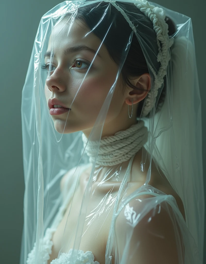 A figure draped in a shimmering white garment with a unique geometric pattern. The garment has a pointed, elongated structure extending from the head, resembling a helmet or mask. The figure is seated, with one leg extended forward and the other bent. The background is muted, emphasizing the figure and the garment., fashion
