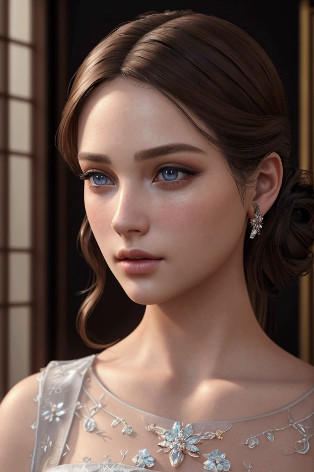 a beautiful woman, 1girl, intricate beautiful detailed eyes, beautiful detailed lips, extremely detailed face and portrait, long eyelashes, elegant hairstyle, (best quality,4k,8k,highres,masterpiece:1.2),ultra-detailed,(realistic,photorealistic,photo-realistic:1.37),cinematic lighting, dramatic lighting, warm color tones, oil painting, portrait, high fashion, dynamic poses, multiple angles, full body, standing in front of a charming blue house
