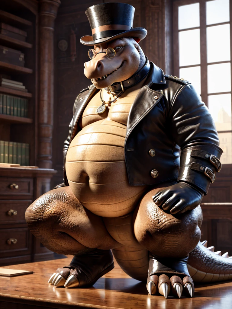 Dingodile, leather collar, white rubber gloves on hands and feet, white spats on feet, fat, bulging belly, large belly, steampunk, (high quality,4k,8k,highres,masterpiece:1.2),ultra-detailed,(realistic,photorealistic,photo-realistic:1.37), masterpiece,(intricate details), captivating artwork, artistically rendered, masterful strokes, attention to detail, tasteful composition, alluring charm, careful shading, great attention to anatomy, meticulous rendering, impeccable craftsmanship, vivid colors, perfect balance between realism and fantasy. Solo, Male, fat, squatting, extremely obese, gentleman, dapper Professor Dingodile, bulging belly, large belly, blue eyes, (posing:1.3), (soft shading), 4k, hi res, ((detailed face, detailed)), looking at viewer, mouth wide open, office, office setting, collared shirt with buttons, top hat, male focus, Explorer Outfit, glasses, monocle, vest with buttons, sleeves rolled up, round eyewear, brown headwear, brown vest, Dingodile is wearing a glossy leather dog collar around the neck, Dingodile is wearing the leather collar and shirt and vest at the same time, Dingodile is wearing glossy white rubber gloves on the hands, wearing white rubber gloves on the feet, gloves are rubber in texture, clenching teeth, clenching fists, leather collar is glossy and shiny with a lot of detail, Dingodile is wearing gloves and leather collar at the same time, leather collar has a round dog-tag, leather collar is thick and detailed, steampunk attire.