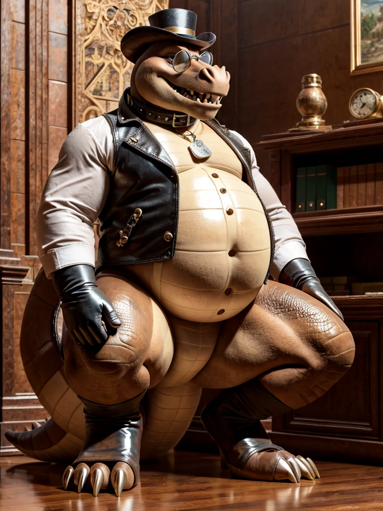 Dingodile, leather collar, white rubber gloves on hands and feet, white spats on feet, fat, bulging belly, large belly, steampunk, (high quality,4k,8k,highres,masterpiece:1.2),ultra-detailed,(realistic,photorealistic,photo-realistic:1.37), masterpiece,(intricate details), captivating artwork, artistically rendered, masterful strokes, attention to detail, tasteful composition, alluring charm, careful shading, great attention to anatomy, meticulous rendering, impeccable craftsmanship, vivid colors, perfect balance between realism and fantasy. Solo, Male, fat, squatting, extremely obese, gentleman, dapper Professor Dingodile, bulging belly, large belly, blue eyes, (posing:1.3), (soft shading), 4k, hi res, ((detailed face, detailed)), looking at viewer, mouth wide open, office, office setting, collared shirt with buttons, top hat, male focus, Explorer Outfit, glasses, monocle, vest with buttons, sleeves rolled up, round eyewear, brown headwear, brown vest, Dingodile is wearing a glossy leather dog collar around the neck, Dingodile is wearing the leather collar and shirt and vest at the same time, Dingodile is wearing glossy white rubber gloves on the hands, wearing white rubber gloves on the feet, gloves are rubber in texture, clenching teeth, clenching fists, leather collar is glossy and shiny with a lot of detail, Dingodile is wearing gloves and leather collar at the same time, leather collar has a round dog-tag, leather collar is thick and detailed, steampunk attire.