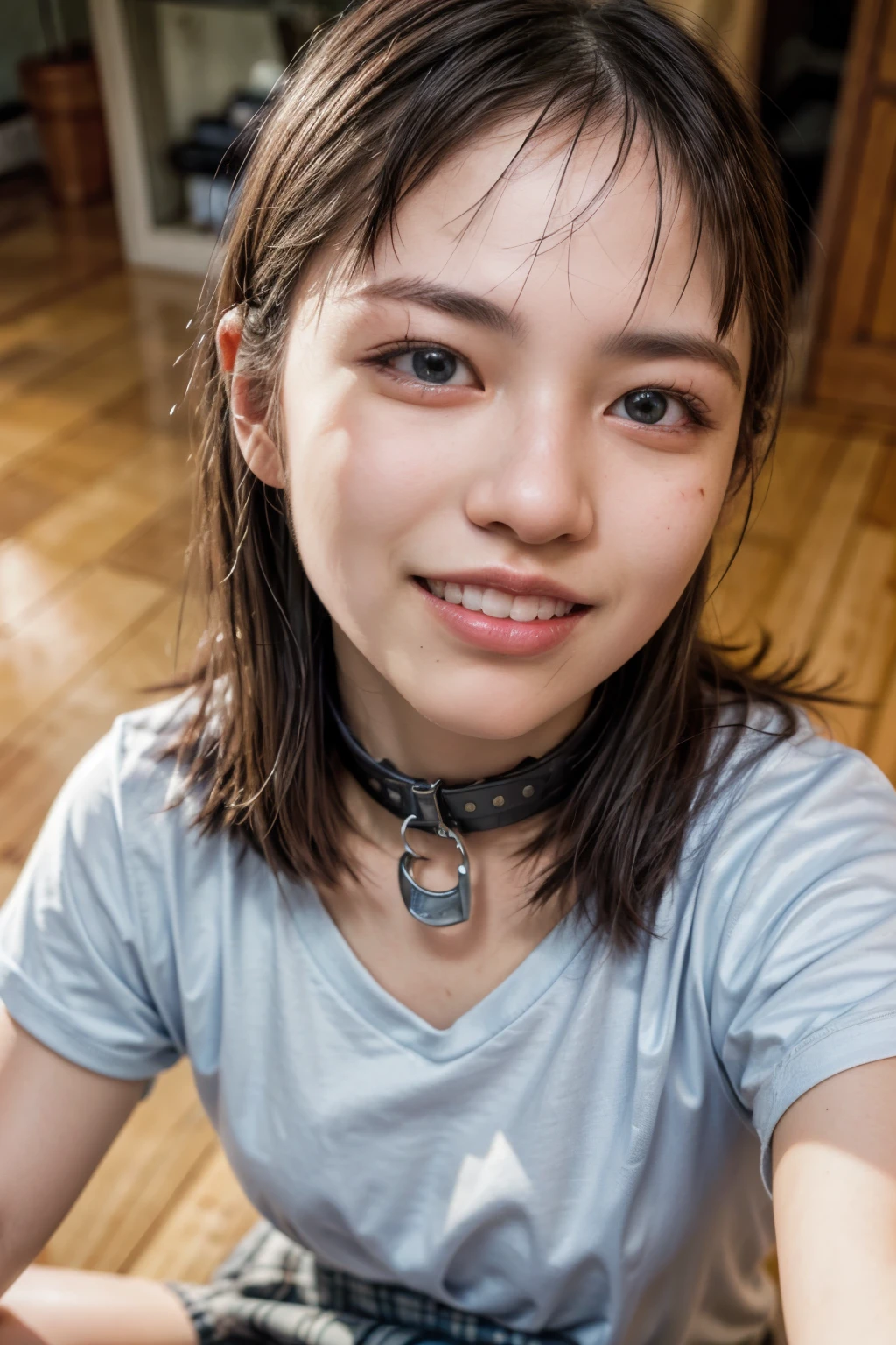 (nsfw:-2),(realistic, photo-realistic:1.4), (master piece, best quality), high resolution, extremely detailed, intricate details, sharp focus, solo, a Japanese mature, (t-shirt,skirt), (collar:1.25), big smile, detailed face, detailed eyes, sophisticated nose, pale skin, fine-textured skin, simple background,