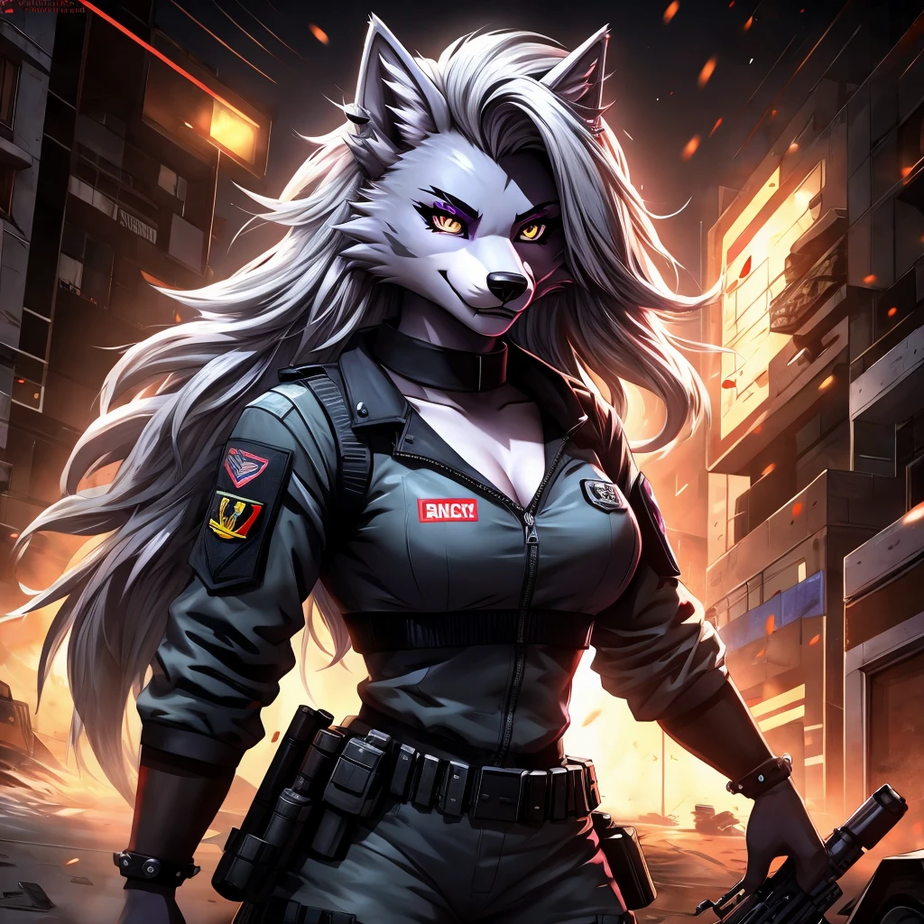 (tmasterpiece,best qualtiy),Altair, hairy female, 1girll, Black eyes, wolf, sketching, Detailed fur skin,uhlan tunic , Sharp focus, fluffly,Battleship , Two-tone fur, Your body soloes, Black tail, Grey fur, 8K , hairy female, 1girll, Animal_wolf ears, eletric, with light glowing, hair_One_eye, Looking_at_peeping at the viewer, Black fur,Grey hair, Large_Breast, Furry, Anthro, 1911_Pistol, Furry Female, Fur_Covered_Body