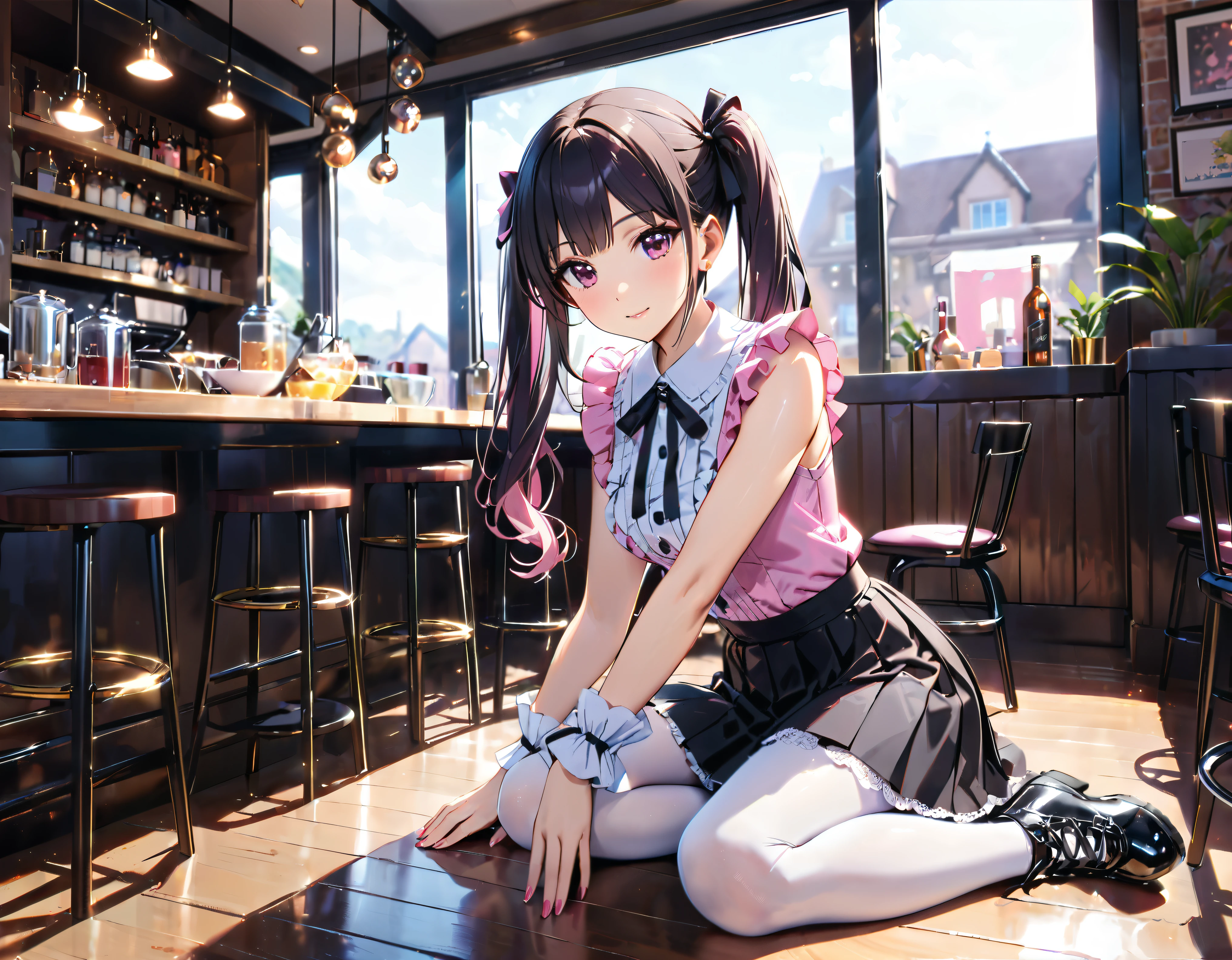 (((blouse pink blouse))), (frilled shirt with black ribbon and lot of frills), (cute lace-up pleated skirt with ruffles:1.2), (lace-up skirt, skirt black skirt:1.2), jirai kei costume, sit down, chin resting on hand, head tilt, anime girl,  girl, cute, very cute, (hair black hair, fluffy middle twintails:1.2), pantyhose, hyper detail face, Inside the cafe, shallow depth of field, blurry background, boke, cinematic shadows, (((Masterpiece, top quality, Spectacular Quality, Distinguished Quality, ultra detailed, ultra high res, unity 16k, 32k, ultra photo realistic, reality, hyper realistic))), 