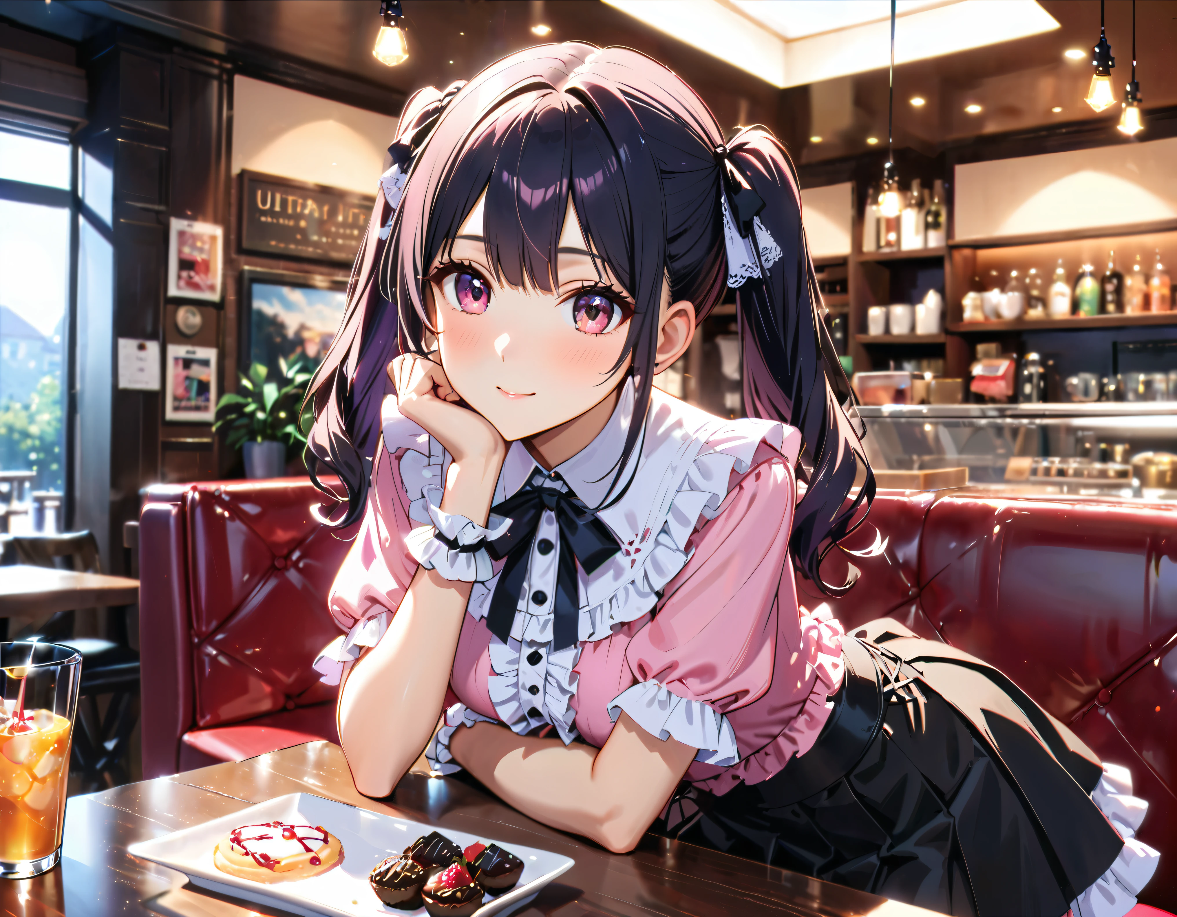 (((blouse pink blouse))), (frilled shirt with black ribbon and lot of frills), (cute lace-up pleated skirt with ruffles:1.2), (lace-up skirt, skirt black skirt:1.2), jirai kei costume, sit down, chin resting on hand, head tilt, anime girl, girl, cute, very cute, (hair black hair, fluffy middle twintails:1.2), pantyhose, hyper detail face, Inside the cafe, shallow depth of field, blurry background, boke, cinematic shadows, (((Masterpiece, top quality, Spectacular Quality, Distinguished Quality, ultra detailed, ultra high res, unity 16k, 32k, ultra photo realistic, reality, hyper realistic))),