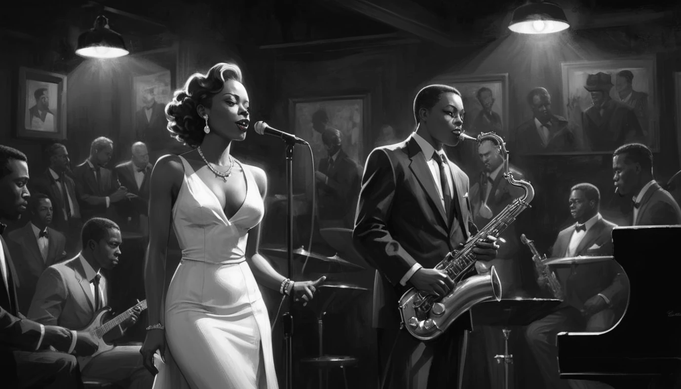 alabama bar, blue note, charismatic, baterist, guitarist, saxophonist, jazz band, fuchsia dress, illustration, noir fantasy, singer lady,