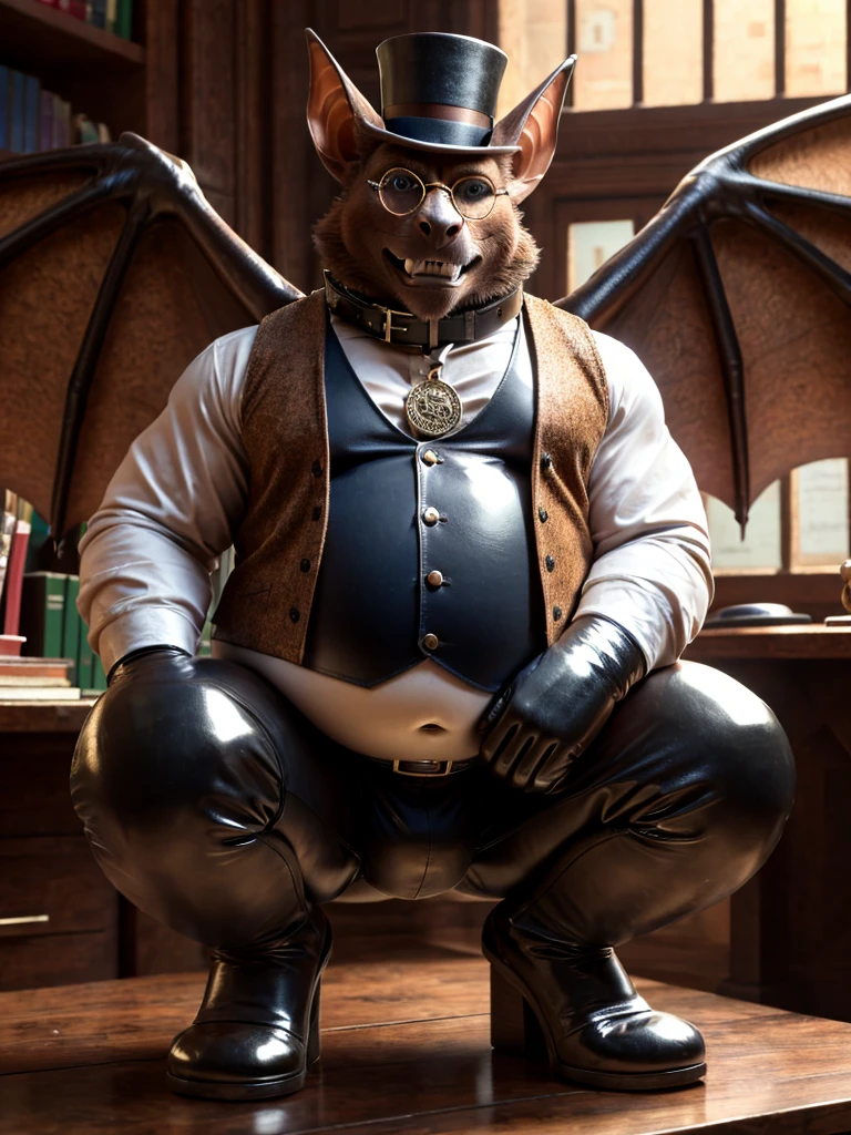 Bat, leather collar, white rubber gloves on hands and feet, white spats on feet, fat, bulging belly, large belly, steampunk, (high quality,4k,8k,highres,masterpiece:1.2),ultra-detailed,(realistic,photorealistic,photo-realistic:1.37), masterpiece,(intricate details), captivating artwork, artistically rendered, masterful strokes, attention to detail, tasteful composition, alluring charm, careful shading, great attention to anatomy, meticulous rendering, impeccable craftsmanship, vivid colors, perfect balance between realism and fantasy. Solo, Male, fat, squatting, extremely obese, gentleman, dapper Professor Bat, bulging belly, large belly, blue eyes, (posing:1.3), (soft shading), 4k, hi res, ((detailed face, detailed)), looking at viewer, mouth wide open, office, office setting, collared shirt with buttons, top hat, male focus, Explorer Outfit, glasses, monocle, vest with buttons, sleeves rolled up, round eyewear, brown headwear, brown vest, Bat is wearing a glossy leather dog collar around the neck, Bat is wearing the leather collar and shirt and vest at the same time, Bat is wearing glossy white rubber gloves on the hands, wearing white rubber gloves on the feet, gloves are rubber in texture, clenching teeth, clenching fists, leather collar is glossy and shiny with a lot of detail, Bat is wearing gloves and leather collar at the same time, leather collar has a round dog-tag, leather collar is thick and detailed, steampunk attire.