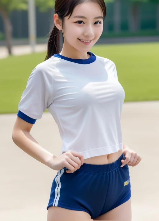 masterpiece,best quality,higher , 1girl, shirt, 独奏, gym uniform, realistic, white shirt, buruma,beautiful face,face focus、beautiful girl、Navy blue shorts、The outline of her white bra is visible、rain、smile、