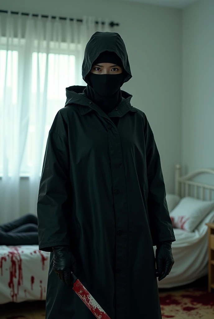 korean girl, (behind corpse, surgical mask), multiple girls, holding knife, stabbing, black raincoat, leather gloves, hood up, room full of blood, black wet suit, holding knife, leather gloves, behind corpse, blood splatter, short hair, night, mass murderer, robbery, in the house, dark atmosphere, cinematic lighting, atmospheric realistic,
