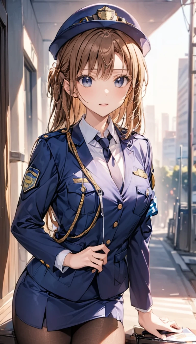 Yuuki Asuna、Highest quality、unity 8k wallpaper、32K、Very detailed、Ultra-high resolution、Very detailedな顔、RAW Photos、Professional、Ultra-fine painting、Female police officer uniform、Uniform buttons、Collared shirt、black tie、Navy blue pencil skirt、Black Pantyhose、Uniform jacket、Black pumps、White handbag