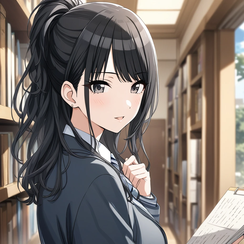 (masterpiece),(Highest quality),(Very detailed),(Best illustrations),(Best Shadow),(disorganized),(Detailed Background),(so beautiful), 
Official Style,
(hiori kazano:1.5), ponytail, black hair, black eyes,
(The Idolmaster Shiny Colors:1.2),

school uniform,
Glasses,
Glassesに触れる,
(There is a mole under the lip:1.2),
alone,
Library,
Background Blur, 
focus on face,
Close-up, 