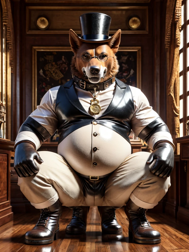 Cerberus, leather collar, white rubber gloves on hands and feet, white spats on feet, fat, bulging belly, large belly, steampunk, (high quality,4k,8k,highres,masterpiece:1.2),ultra-detailed,(realistic,photorealistic,photo-realistic:1.37), masterpiece,(intricate details), captivating artwork, artistically rendered, masterful strokes, attention to detail, tasteful composition, alluring charm, careful shading, great attention to anatomy, meticulous rendering, impeccable craftsmanship, vivid colors, perfect balance between realism and fantasy. Solo, Male, fat, squatting, extremely obese, gentleman, dapper Professor Cerberus, bulging belly, large belly, blue eyes, (posing:1.3), (soft shading), 4k, hi res, ((detailed face, detailed)), looking at viewer, mouth wide open, office, office setting, collared shirt with buttons, top hat, male focus, Explorer Outfit, glasses, monocle, vest with buttons, sleeves rolled up, round eyewear, brown headwear, brown vest, Cerberus is wearing a glossy leather dog collar around the neck, Cerberus is wearing the leather collar and shirt and vest at the same time, Cerberus is wearing glossy white rubber gloves on the hands, wearing white rubber gloves on the feet, gloves are rubber in texture, clenching teeth, clenching fists, leather collar is glossy and shiny with a lot of detail, Cerberus is wearing gloves and leather collar at the same time, leather collar has a round dog-tag, leather collar is thick and detailed, steampunk attire.