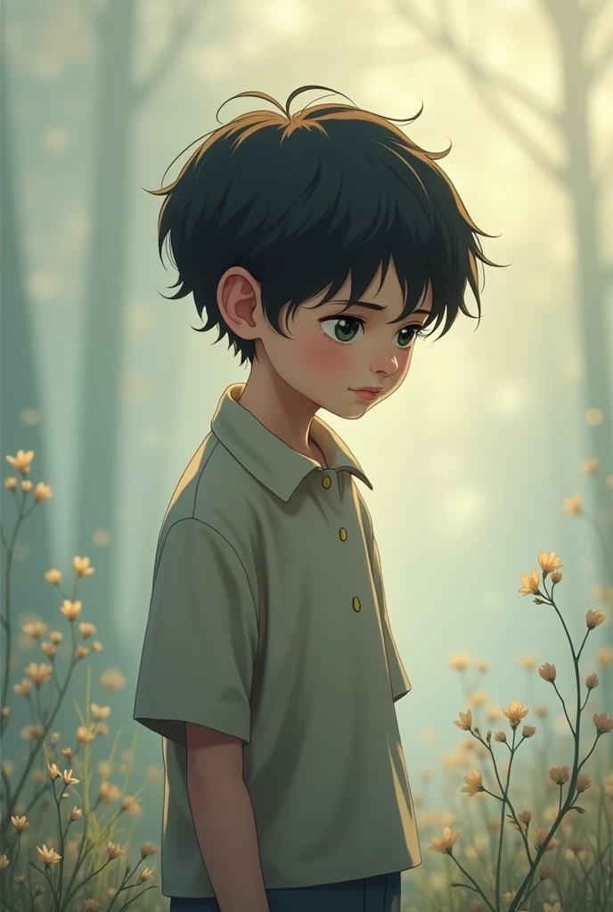 Dark scene. 1 boy (black skin, medium hair, ), (triste, deprimido). Background scene: green field.