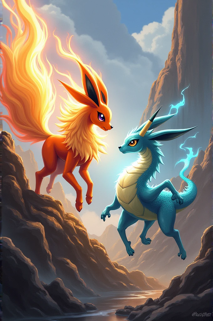 Flareon using Fire spin to attack and Dragonair using Aurora Beam to ...