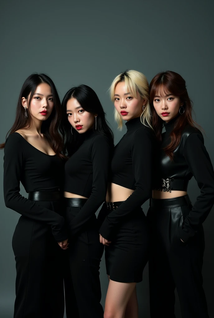 kpop girl group five members hip-hop concept dancing two cute, two dark and one middle ground pose optical illusion different girls yellow and black 