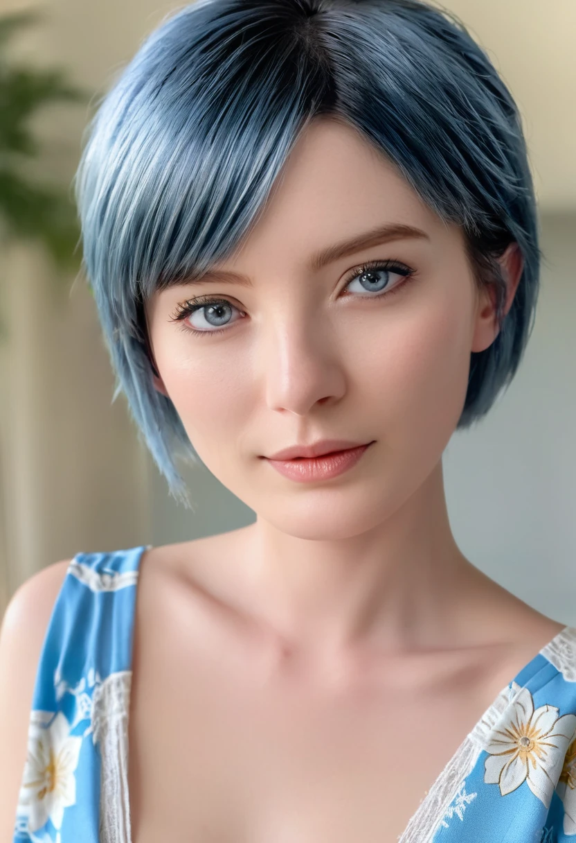 A beautiful anime girl, 1girl, short blue hair, blue eyes, looking at viewer, wearing a short sexy light blue kimono, bare shoulders, bare arms, bare back, walking, detailed face, extremely detailed eyes, delicate facial features, intricate kimono patterns, soft natural lighting, highly detailed, 8k, photorealistic, masterpiece