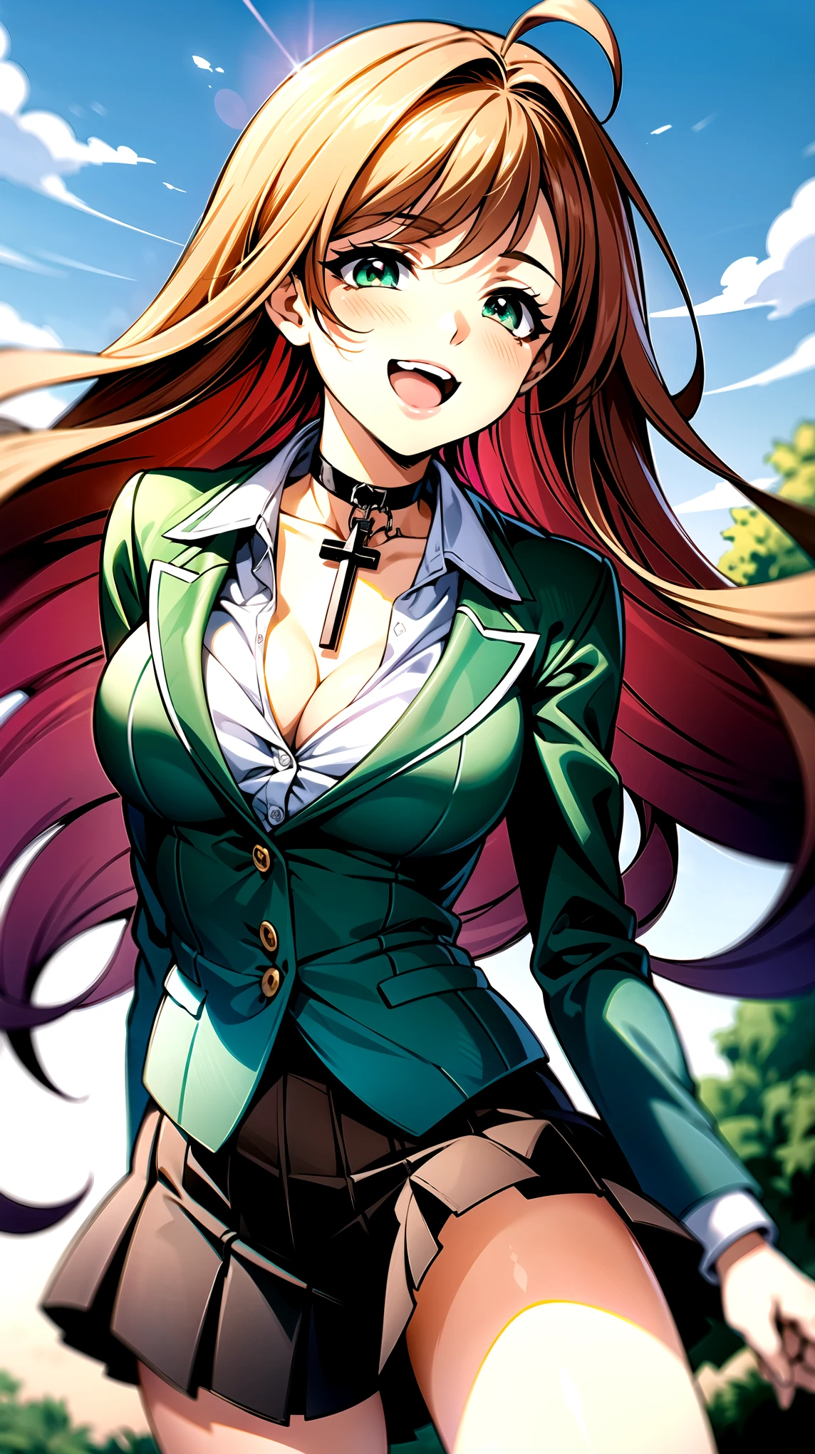 （（super high quality,））（（Ultra-high resolution,））（16K,）（super masterpiece,）（（Ultra HD ,））（Detailed shading,）Angle from below,One high school girl,（（Dark pink long hair,））One long stray hair from the top of the head,Green blazer,（popped Tight collar White dress shirts,）（（The third button is undone,））Cleavage,Brown mini skirt,The wind lifts her skirt and hair,Ecstatic smile,blush,A park where you can see the morning sun and blue sky,A choker with a cross around the neck,