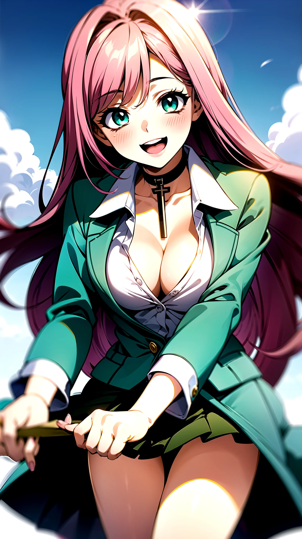 （（super high quality,））（（Ultra-high resolution,））（16K,）（super masterpiece,）（（Ultra HD ,））（Detailed shading,）Angle from below,One high school girl,（（Dark pink long hair,））One long stray hair from the top of the head,Green blazer,（popped Tight collar White dress shirts,）（（The third button is undone,））Cleavage,Brown mini skirt,The wind lifts her skirt and hair,Ecstatic smile,blush,A park where you can see the morning sun and blue sky,A choker with a cross around the neck,