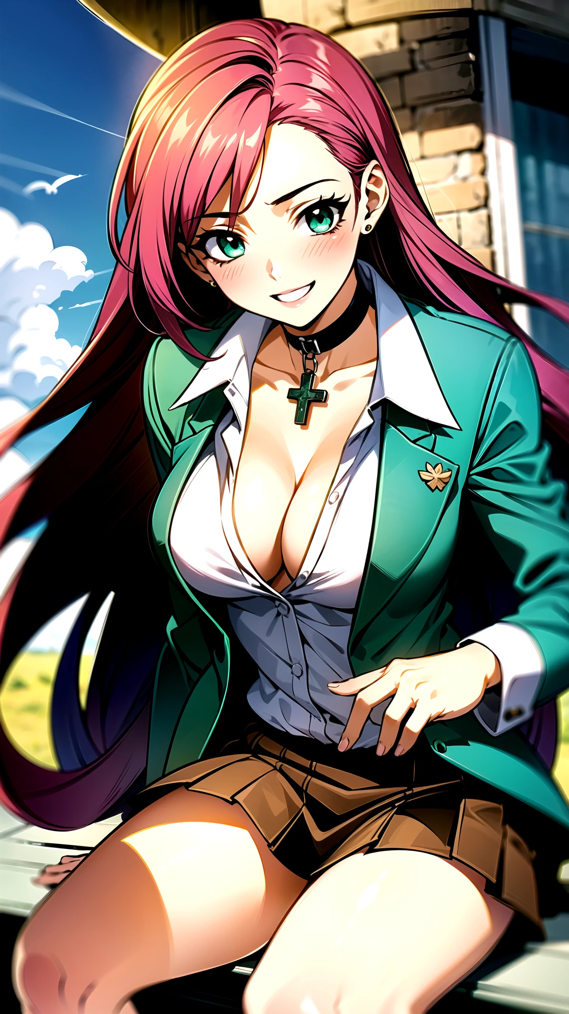 （（super high quality,））（（Ultra-high resolution,））（16K,）（super masterpiece,）（（Ultra HD ,））（Detailed shading,）Angle from below,One high school girl,（（Dark pink long hair,））One long stray hair from the top of the head,Green blazer,（popped Tight collar White dress shirts,）（（The third button is undone,））Cleavage,Brown mini skirt,The wind lifts her skirt and hair,Ecstatic smile,blush,A park where you can see the morning sun and blue sky,A choker with a cross around the neck,